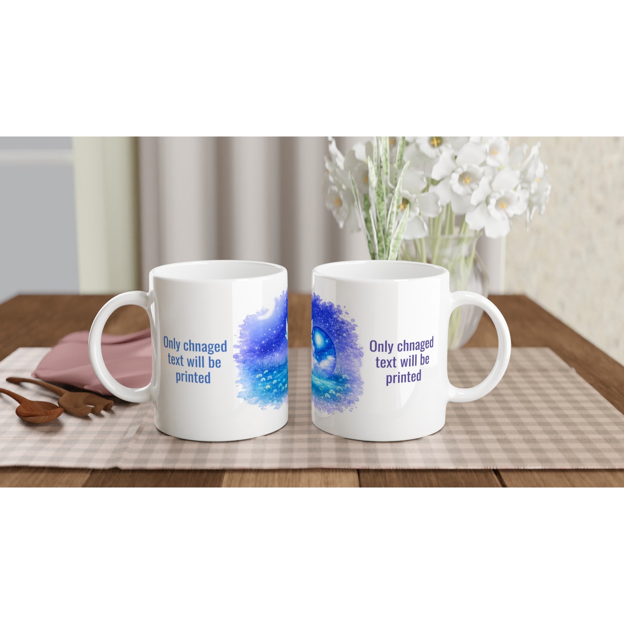 Galaxy Cat Mug cute cat coffee mugs displayed on a table with flowers, showcasing a cosmic design.
