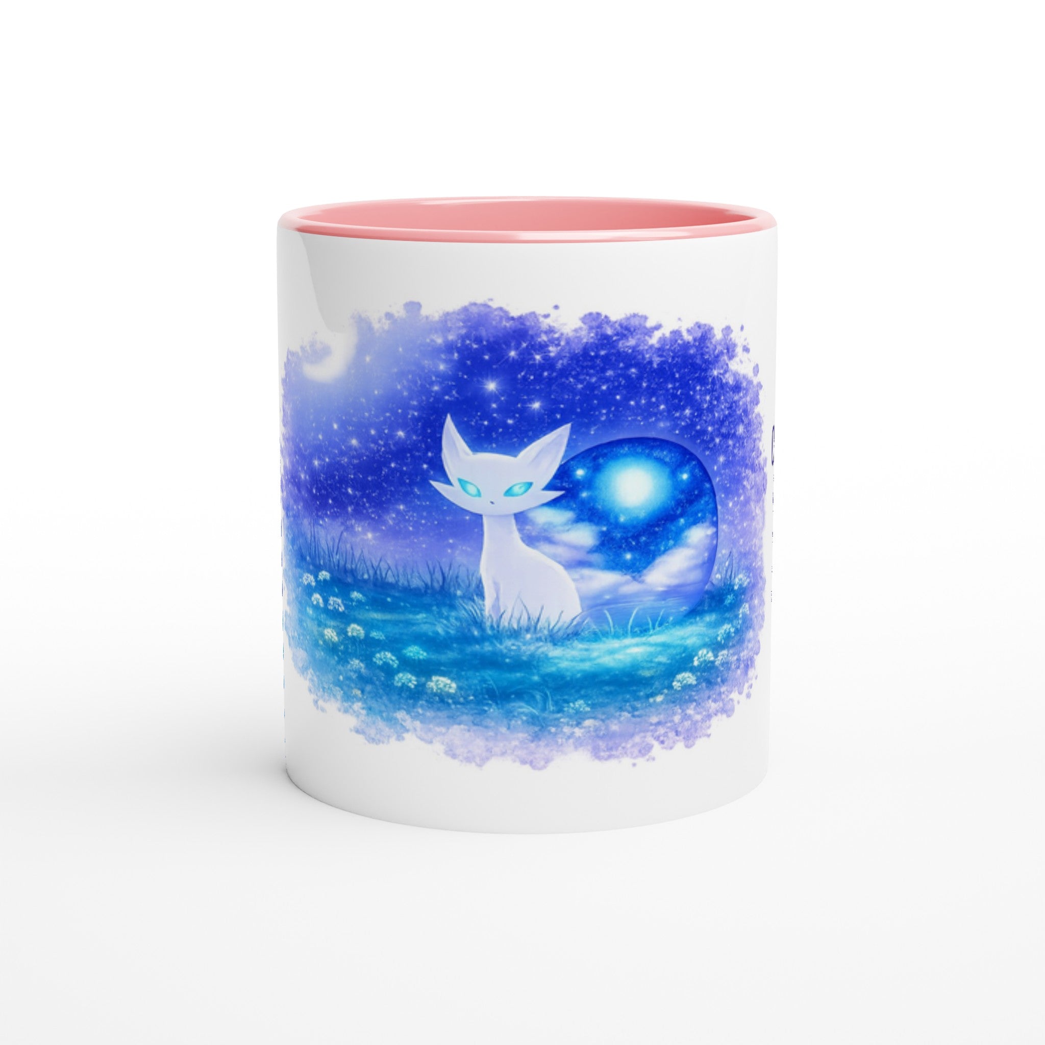 Galaxy Cat Mug cute cat coffee mugs featuring a cosmic white cat design against a starry night sky.