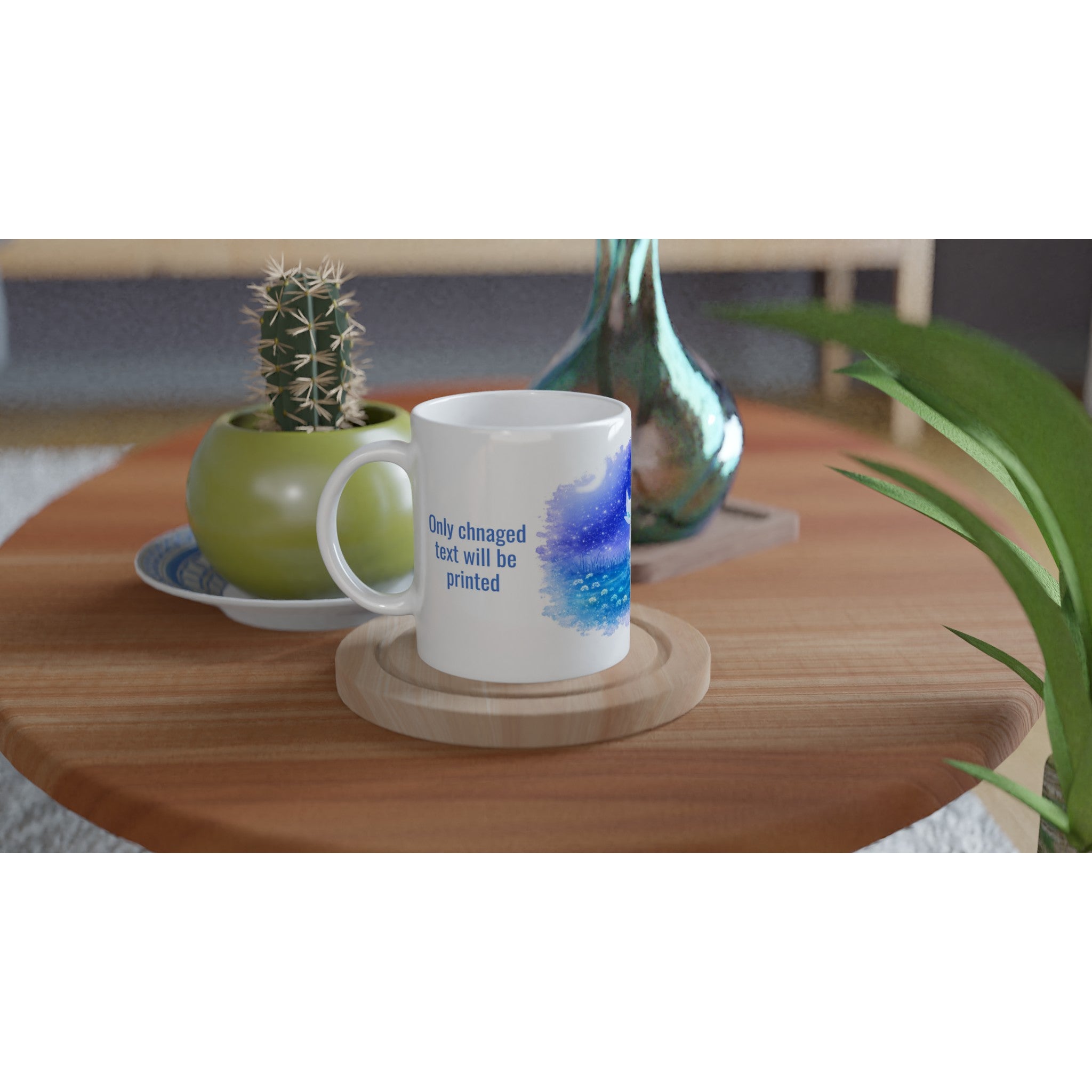 Galaxy Cat Mug cute cat coffee mugs on a wooden table with a plant and decorative items.